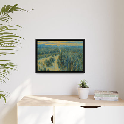 Framed matte canvas print of a serene winter forest landscape by Printify, showcasing snow-covered trees and peaceful scenery.