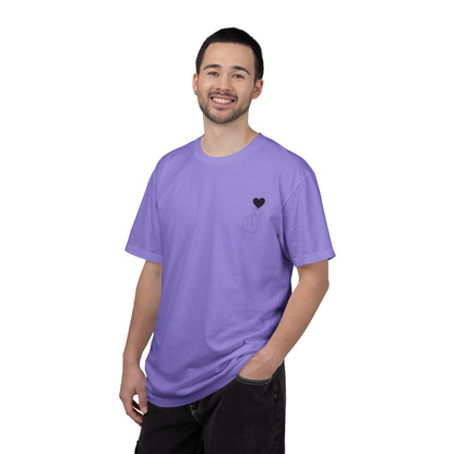 Black T-shirt featuring a minimal white finger heart graphic, designed by Printify, with a casual and modern style.