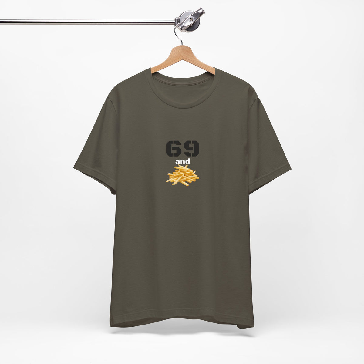 Unisex graphic T-shirt featuring a humorous 69 and French fries design, made by Printify.