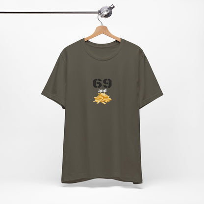 Unisex graphic T-shirt featuring a humorous 69 and French fries design, made by Printify.
