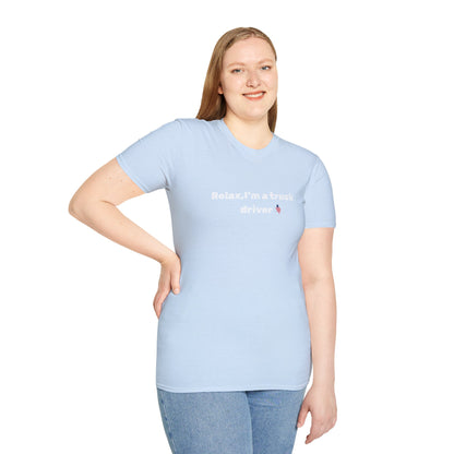 Funny truck driver T-shirt with pink heart graphic, featuring the phrase "Relax, I'm a Truck Driver" on a casual printed tee.