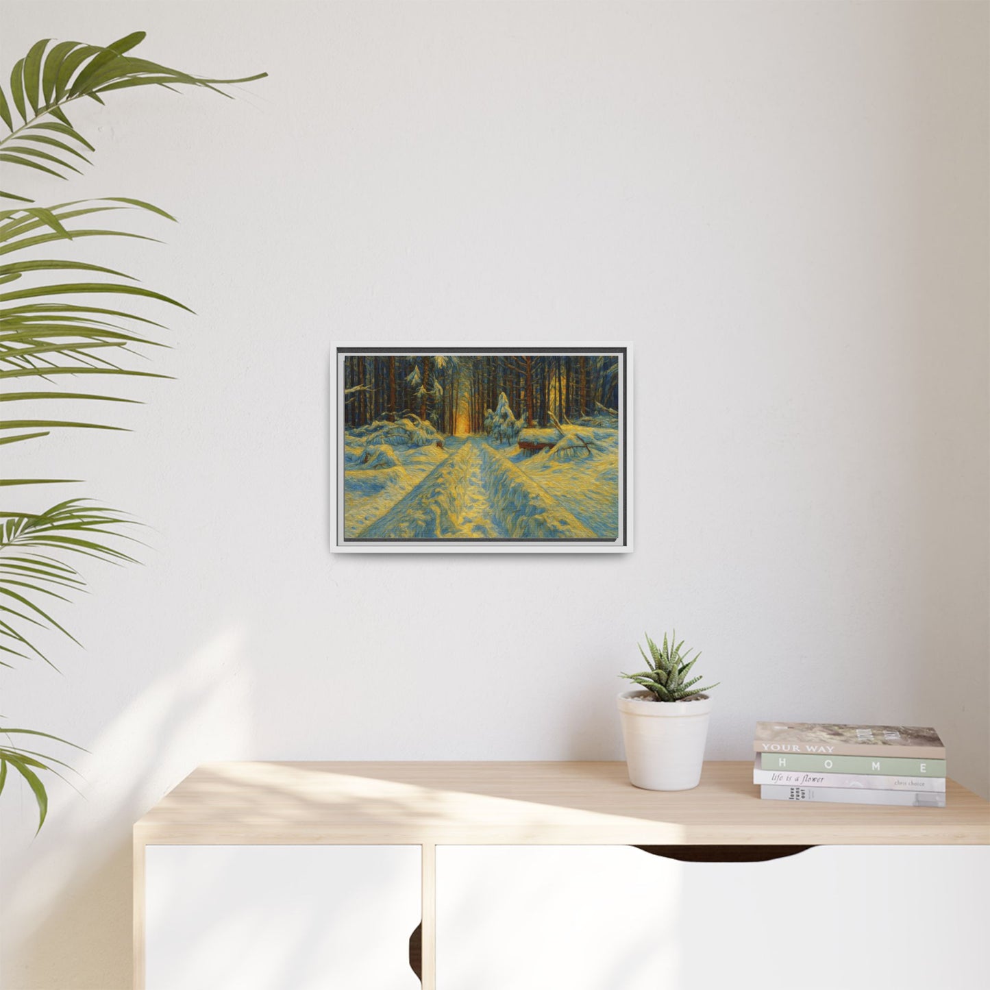 Framed matte canvas print of a snowy forest path at sunset, wall art featuring a scenic winter landscape by Printify.