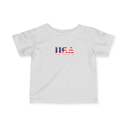 Infant baby shirt with USA flag block print, stylish kids clothes by Printify, featuring a patriotic design in soft fabric.