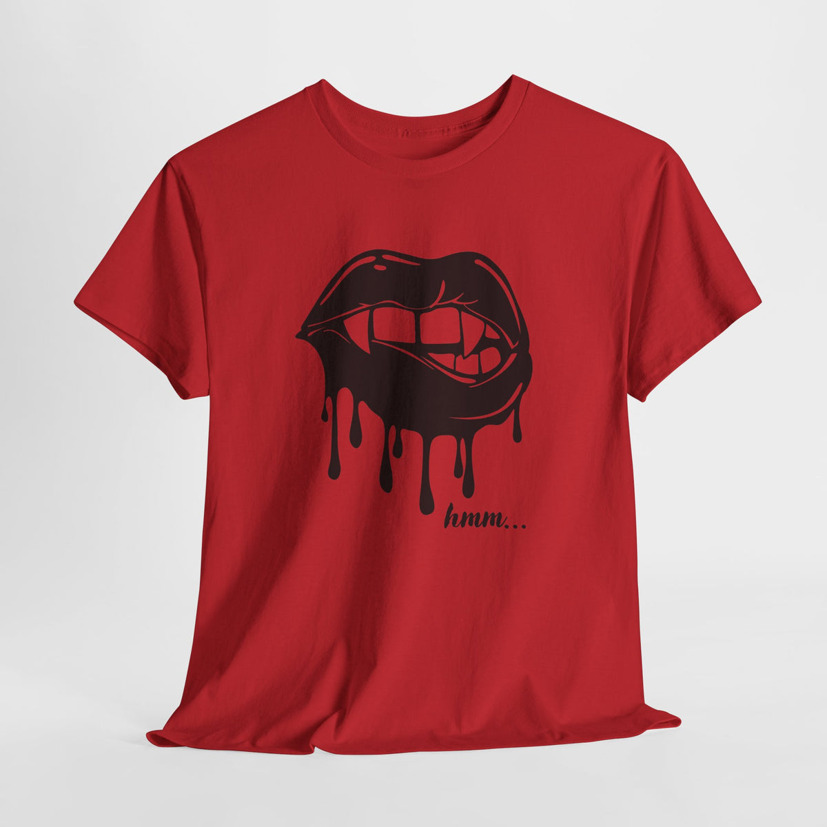 Black graphic T-shirt featuring dripping lips and "hmm..." bite design on the front, by Printify.