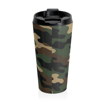 Camo stainless steel travel mug with lid by Printify, featuring a camouflage pattern and durable construction for on-the-go use.