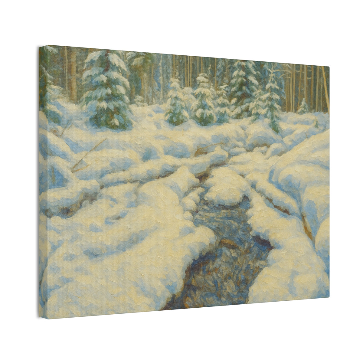 Snowy forest stream scene on canvas wall art, depicting a winter landscape with snow-covered trees and flowing water.