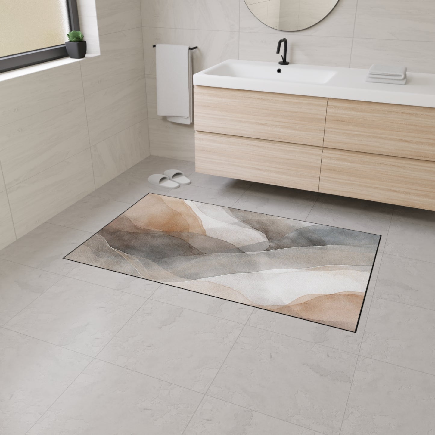 Neutral Watercolor Landscape Heavy Duty Floor Mat | Abstract Earth Tones Rug