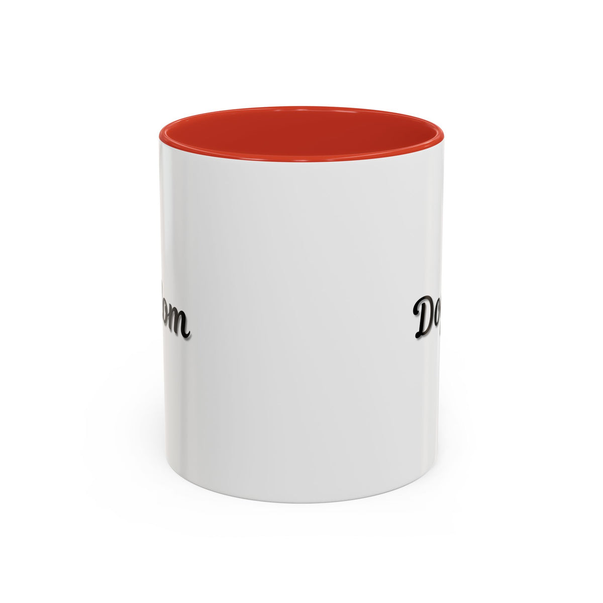 Dog Mom Accent Coffee Mug — white ceramic coffee mug with retro script "Dog Mom" print, colored interior and C-handle, 11oz/15oz, handle and interior color detail