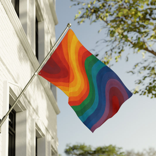 Double-sided Rainbow Pride Garden Flag by Printify, outdoor celebration banner with vibrant rainbow colors and festive design.