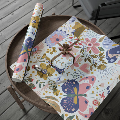 Floral Butterfly Wrapping Paper Roll — Elegant Blue & Gold Garden Gift Wrap