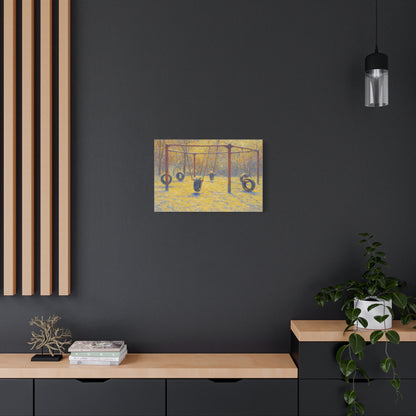 Matte stretched canvas wall art featuring a tire swing playground scene, ideal for children's room decor.