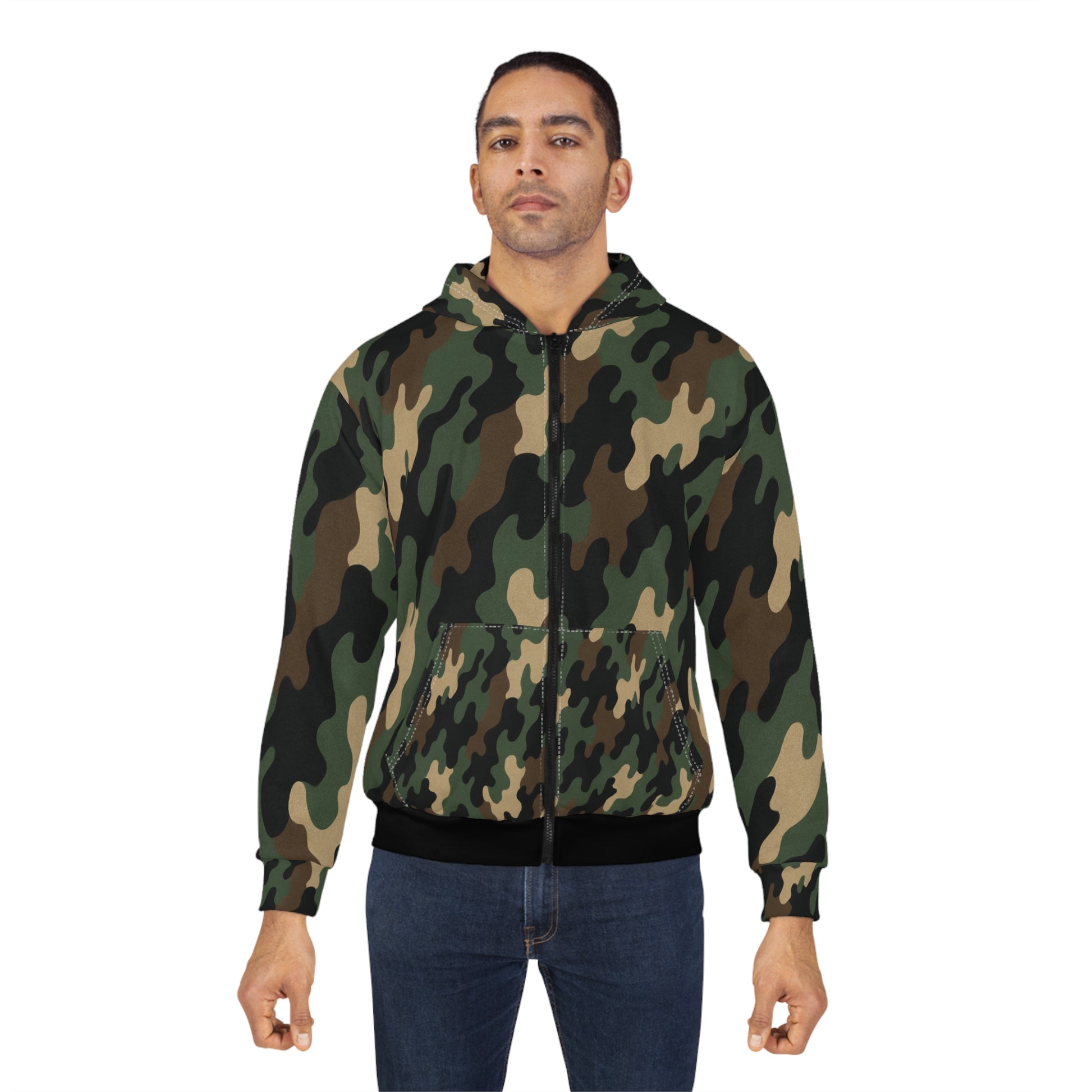 Military green camo zip hoodie for men and women with all-over print design, casual hooded jacket by Printify.