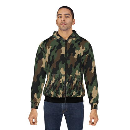 Military green camo zip hoodie for men and women with all-over print design, casual hooded jacket by Printify.