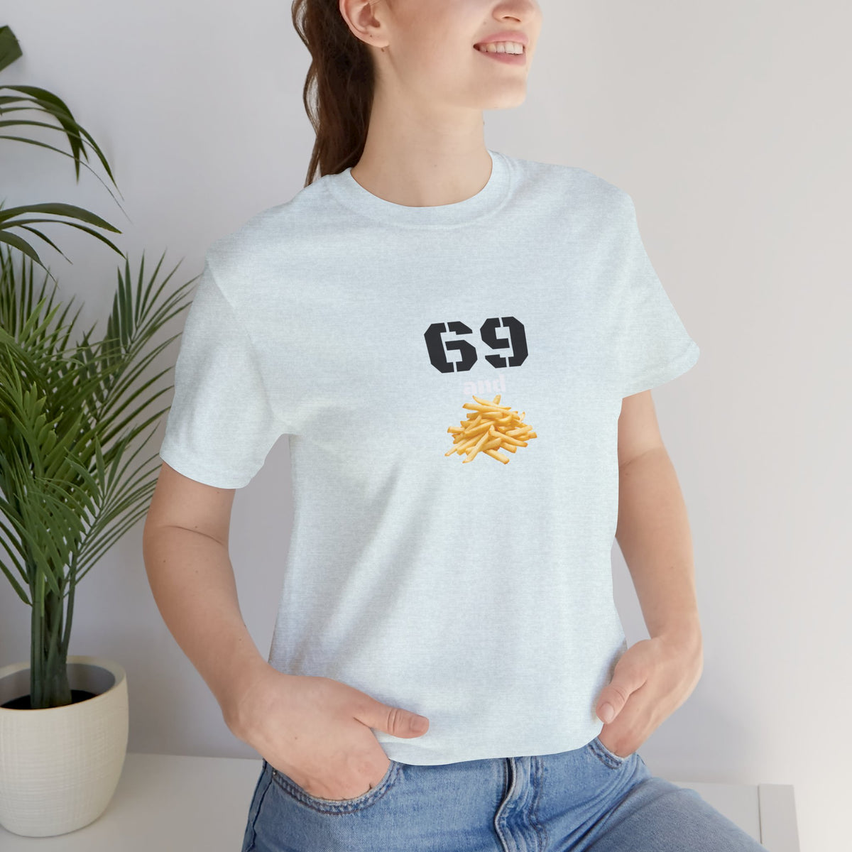 Unisex graphic T-shirt featuring a humorous 69 and French fries design in black and white print.