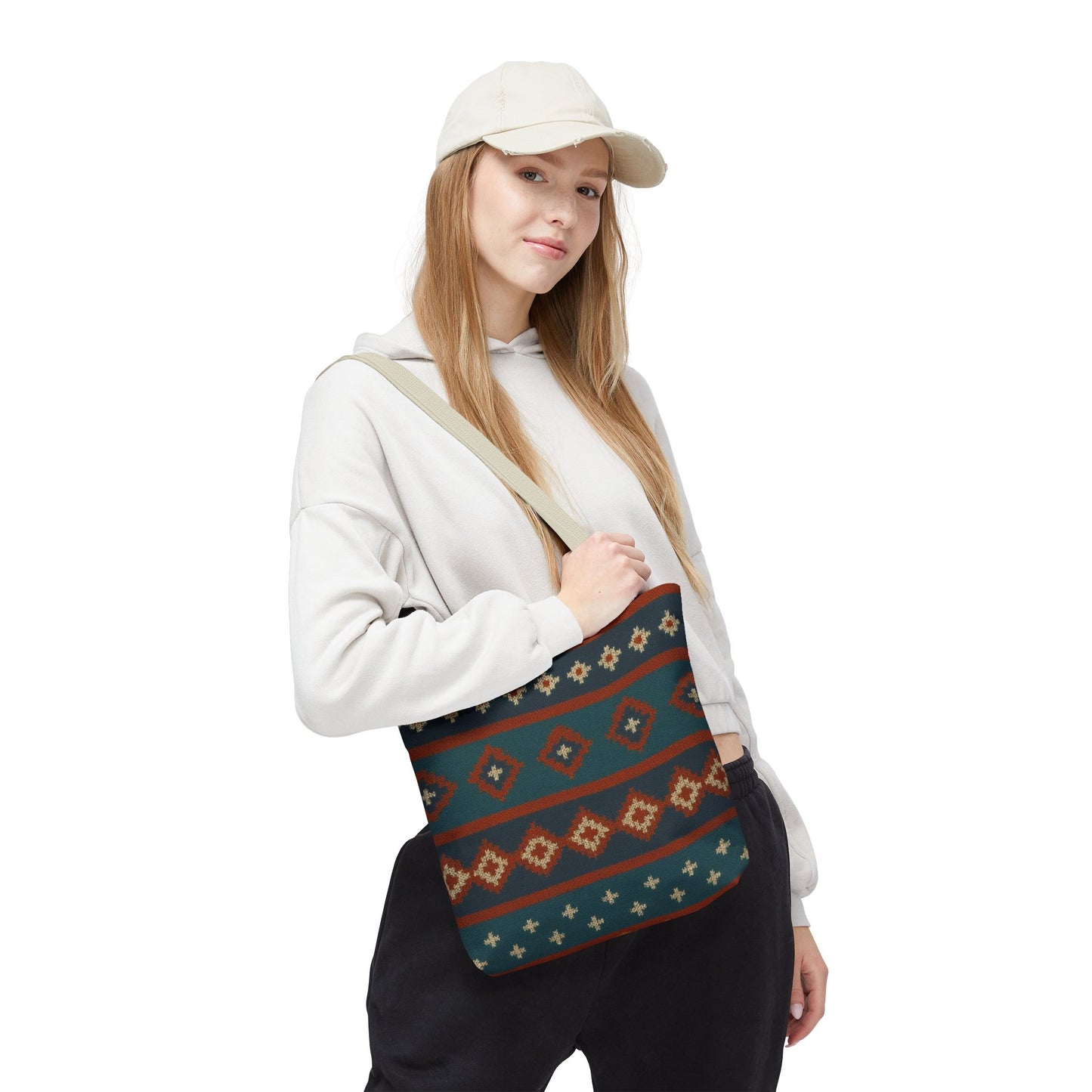 Southwestern diamond pattern tote bag with Aztec tribal geometric print, featuring sturdy handles and vibrant tribal-inspired design.