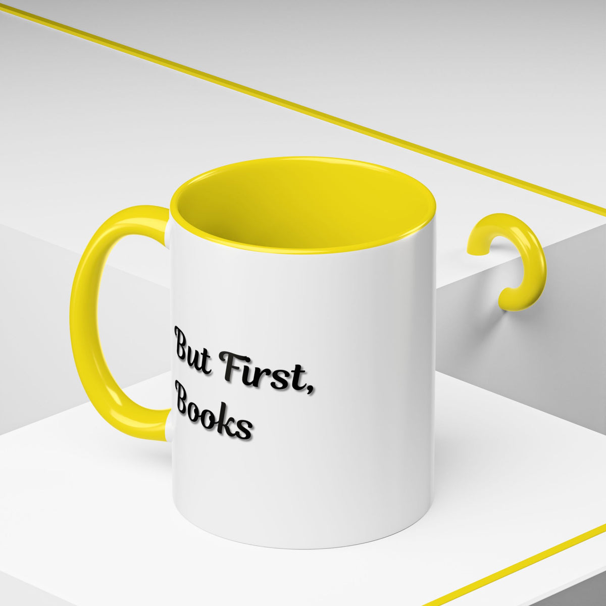 Printify "But First, Books" coffee mug featuring a book lover design, 11oz ceramic mug with a handle, perfect for reading enthusiasts.