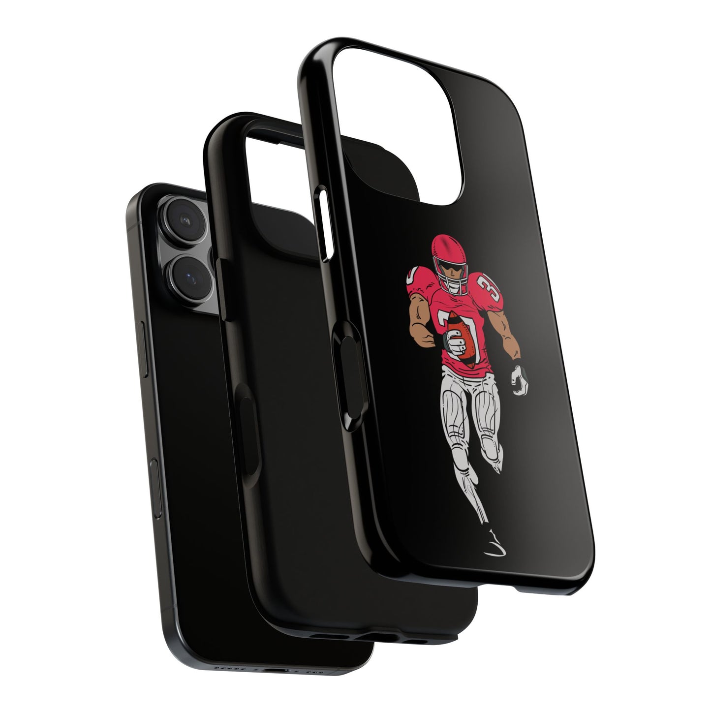 Black football player tough phone case for iPhone, durable protective sports design by Printify, featuring athletic-themed graphics.