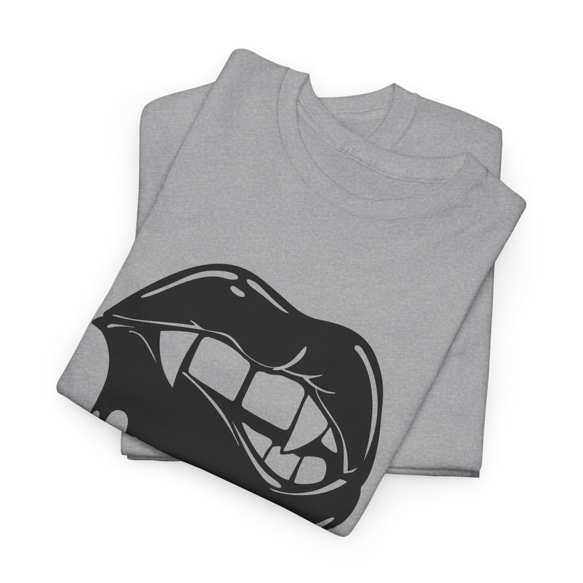 Graphic T-shirt featuring dripping lips and "hmm..." bite design, printed by Printify, with bold lip graphic on the front.