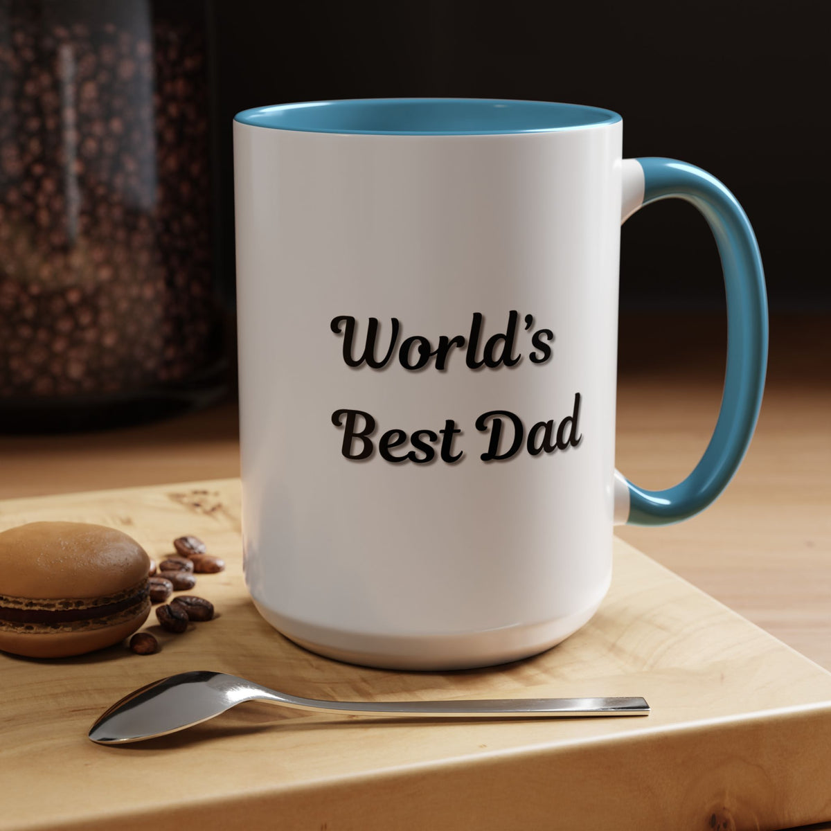Black trim ceramic coffee mug with "World's Best Dad" slogan, 11/15oz size, by Printify.