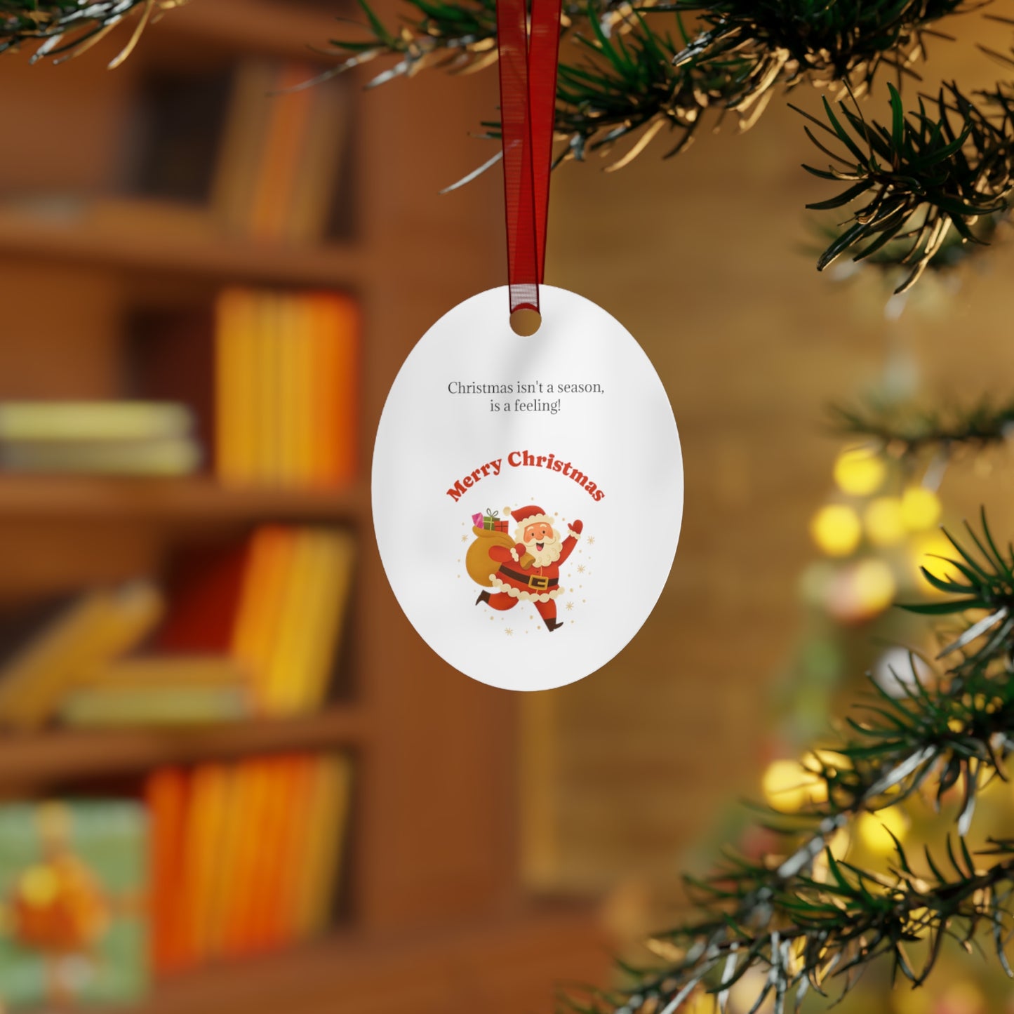 Bell-shaped Santa with sack metal Christmas ornament by Printify, festive holiday decoration featuring a jolly Santa figure.