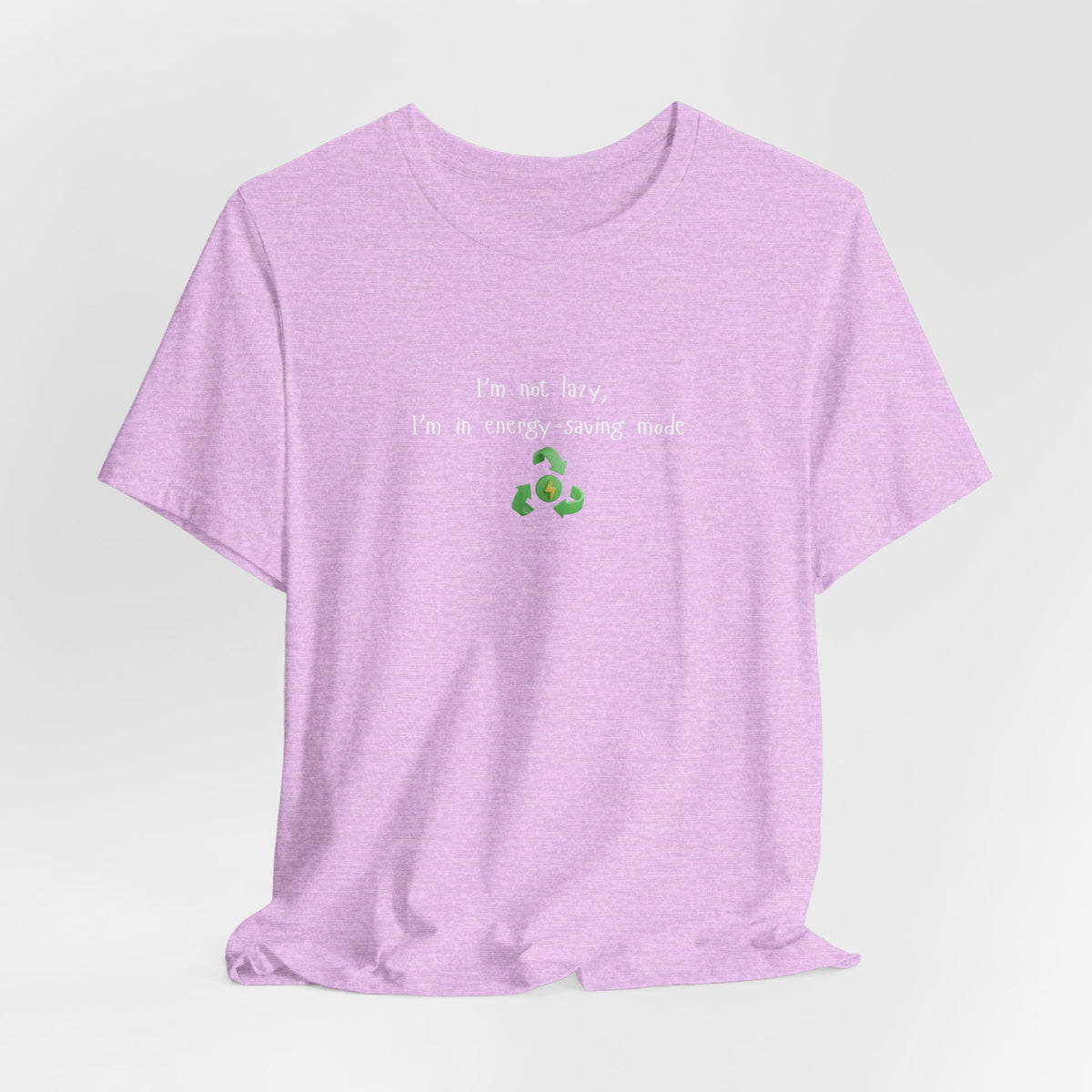 Eco-friendly mock T-shirt with humorous "I’m Not Lazy, I’m an Energy-Saving Mock" print, casual fit, in natural fabric.