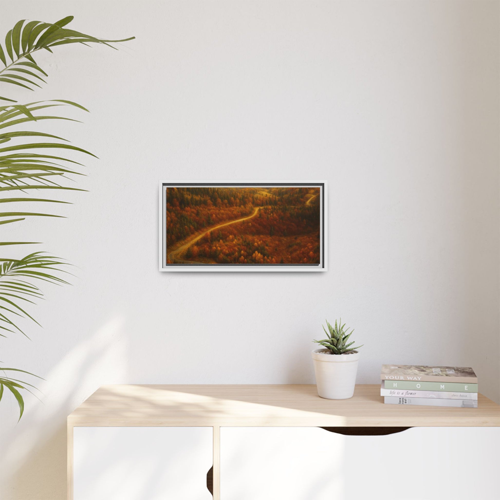 Framed matte canvas print of autumn forest road landscape wall art by Printify, showcasing vibrant fall trees and scenic pathway.
