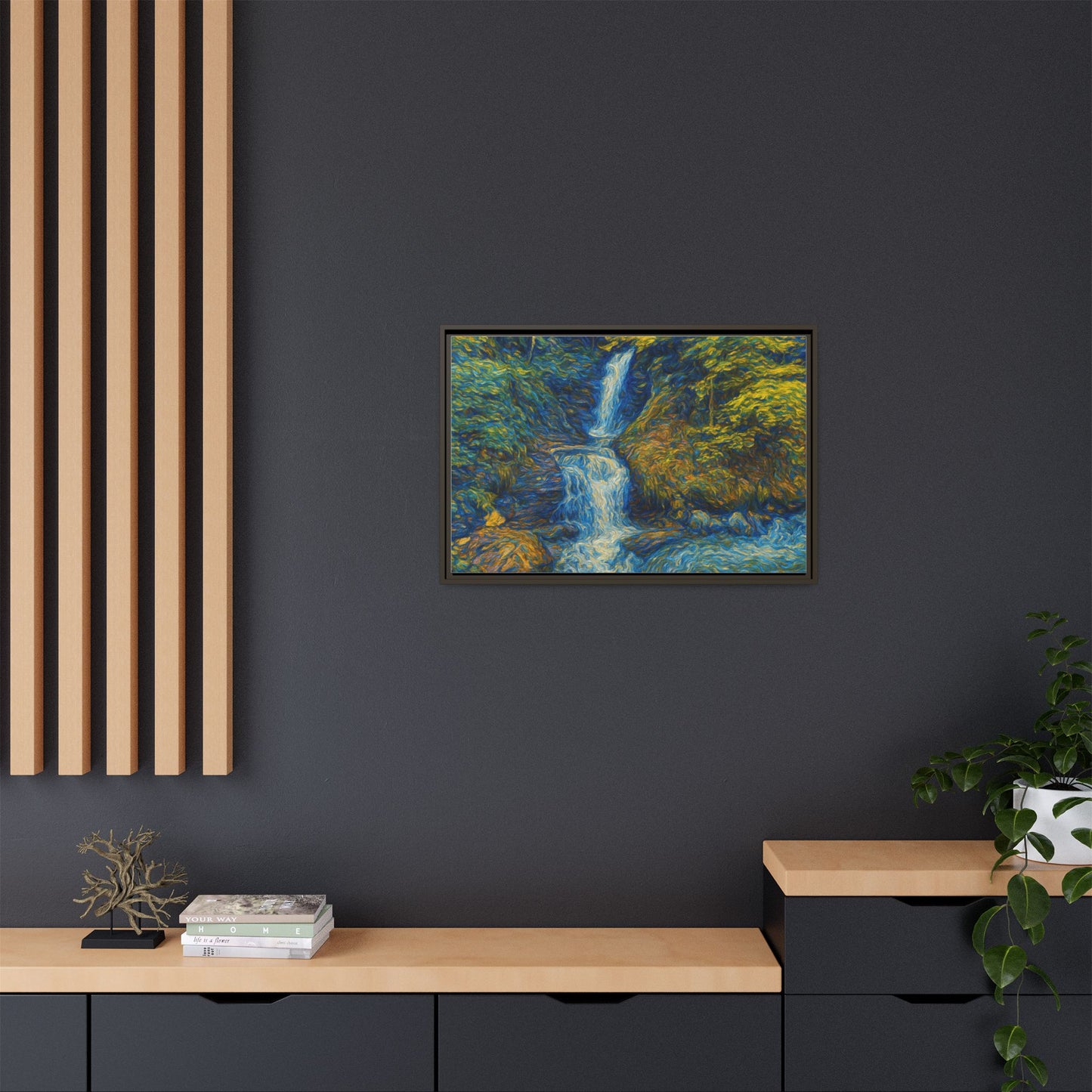 Framed matte canvas print of impressionist waterfall wall art by Printify, showcasing vibrant colors and textured brushstroke details.