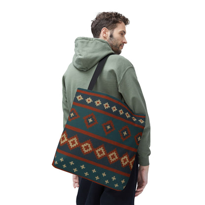 Southwestern diamond pattern tote bag with Aztec tribal geometric print by Printify, featuring sturdy handles and vibrant design.