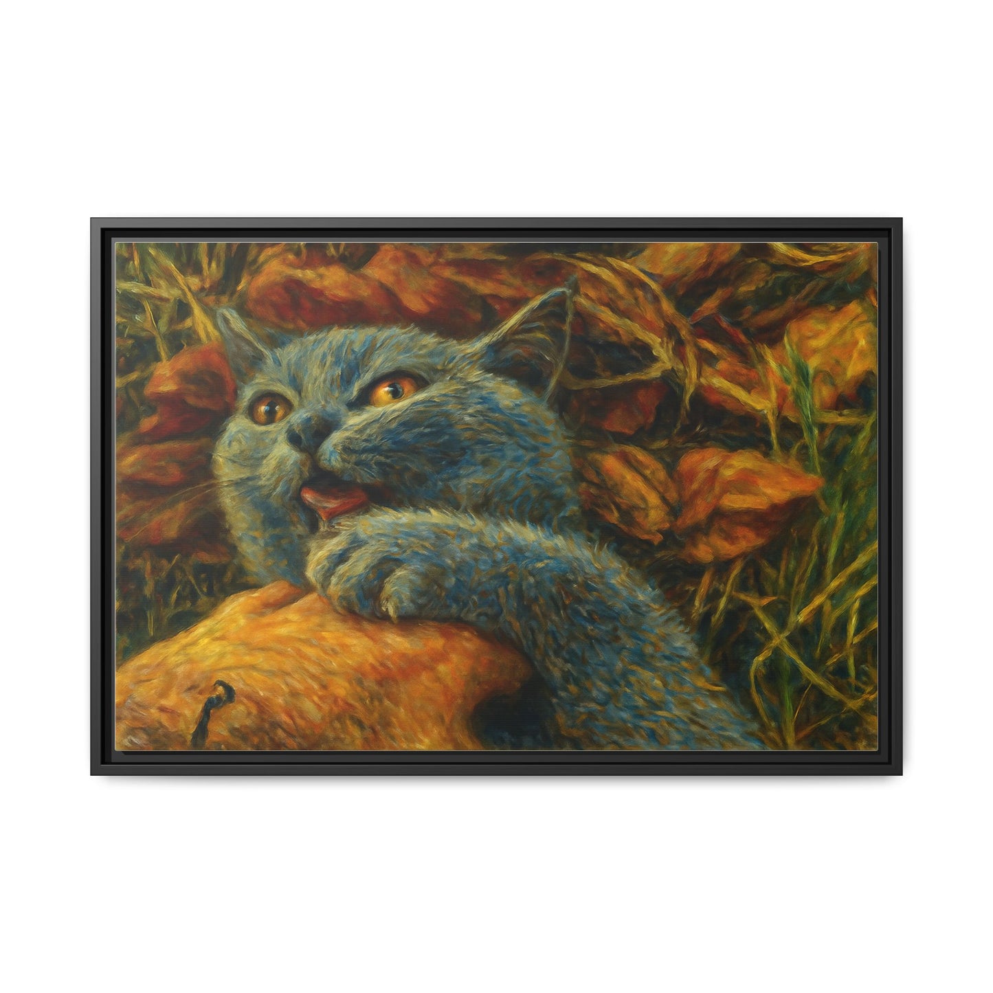 Blue cat canvas print featuring whimsical wall art, perfect for cat lovers, created by Printify.