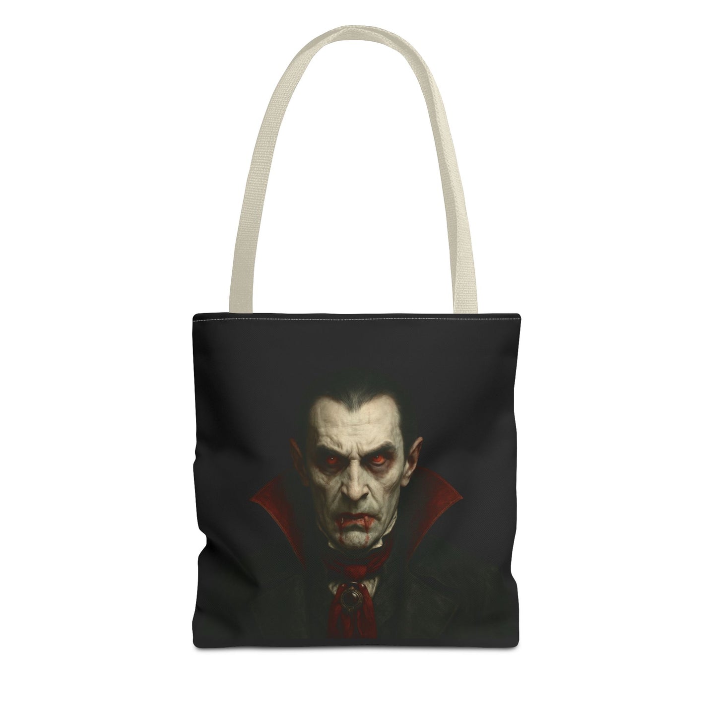 Black vampire tote bag with gothic spooky design, perfect for Halloween accessories, by Printify.