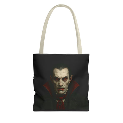 Black vampire tote bag with gothic spooky design, perfect for Halloween accessories, by Printify.