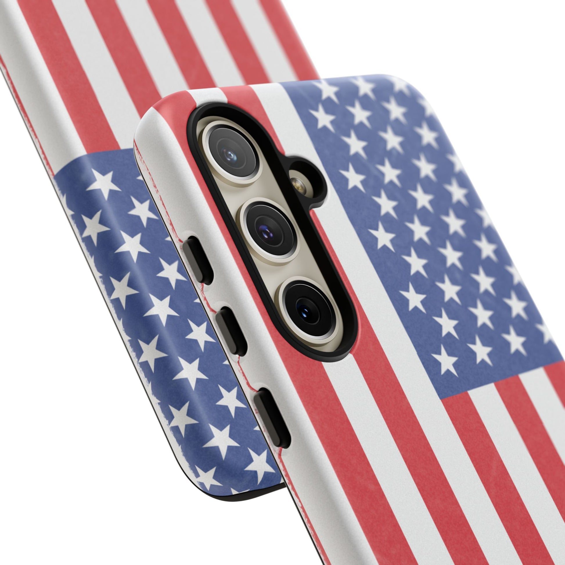 Durable American flag tough phone case for iPhone, featuring patriotic design and protective rubber edges.