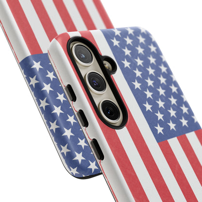 Durable American flag tough phone case for iPhone, featuring patriotic design and protective rubber edges.