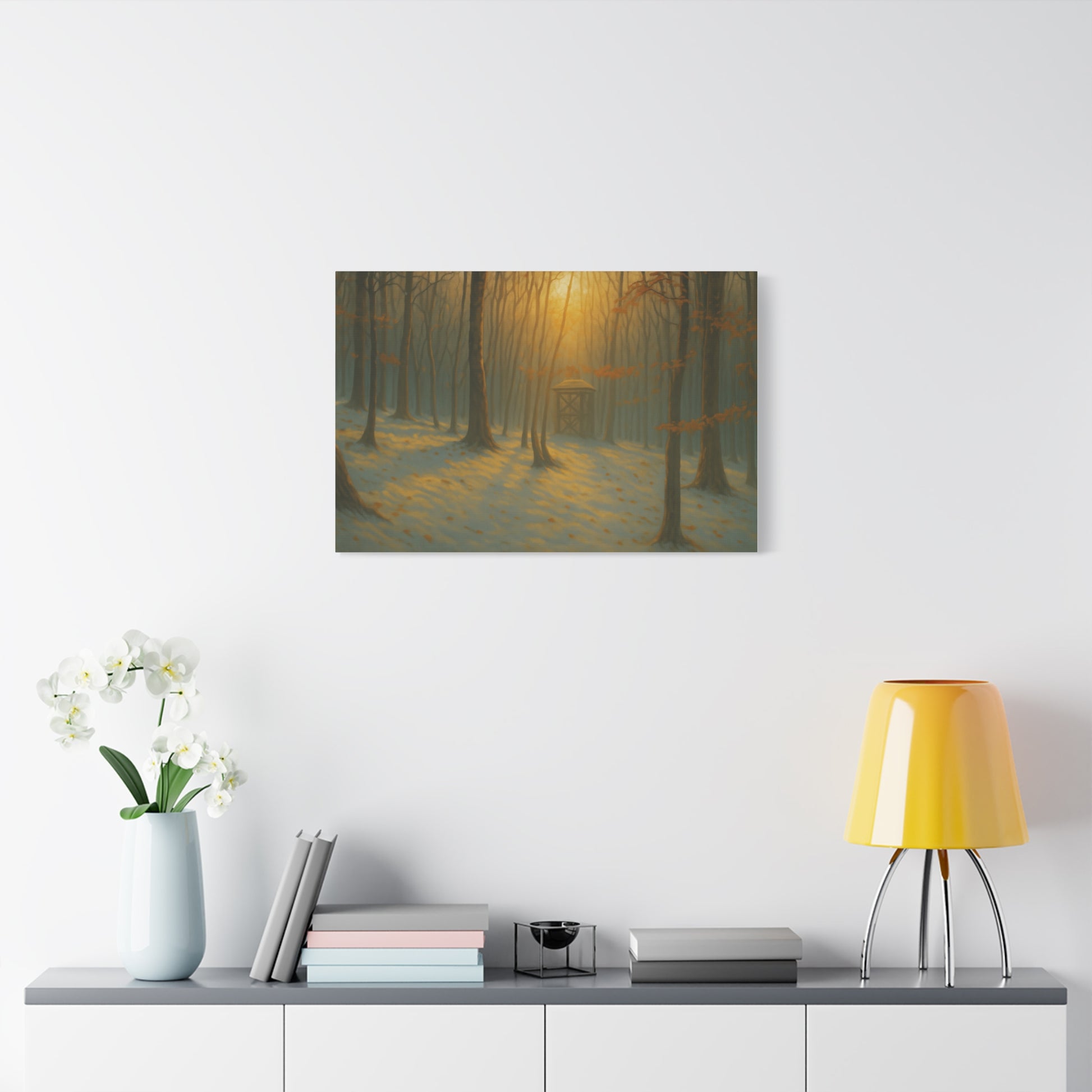 Matte stretched canvas featuring a Misty Forest Sunrise art print by Printify, showcasing a serene forest scene at dawn.
