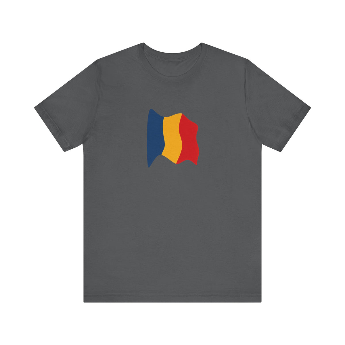 Romania flag T-shirt by Printify featuring a minimal waving tri-color design on a casual tee.