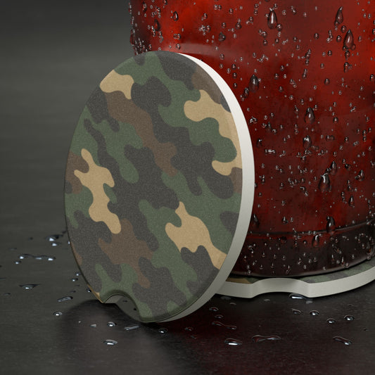 Camouflage soapstone car coaster from Printify featuring a camo pattern, designed to fit in a vehicle cup holder.