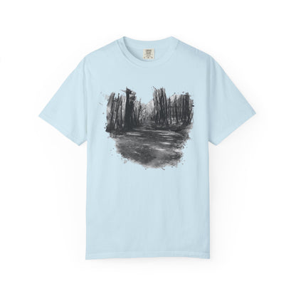 Artistic Forest Scene T-shirt | Nature Lover Gift, Outdoor Adventure Tee, Eco-Friendly Fashion, Vintage Inspired Clothing, Unisex Gift - TRV