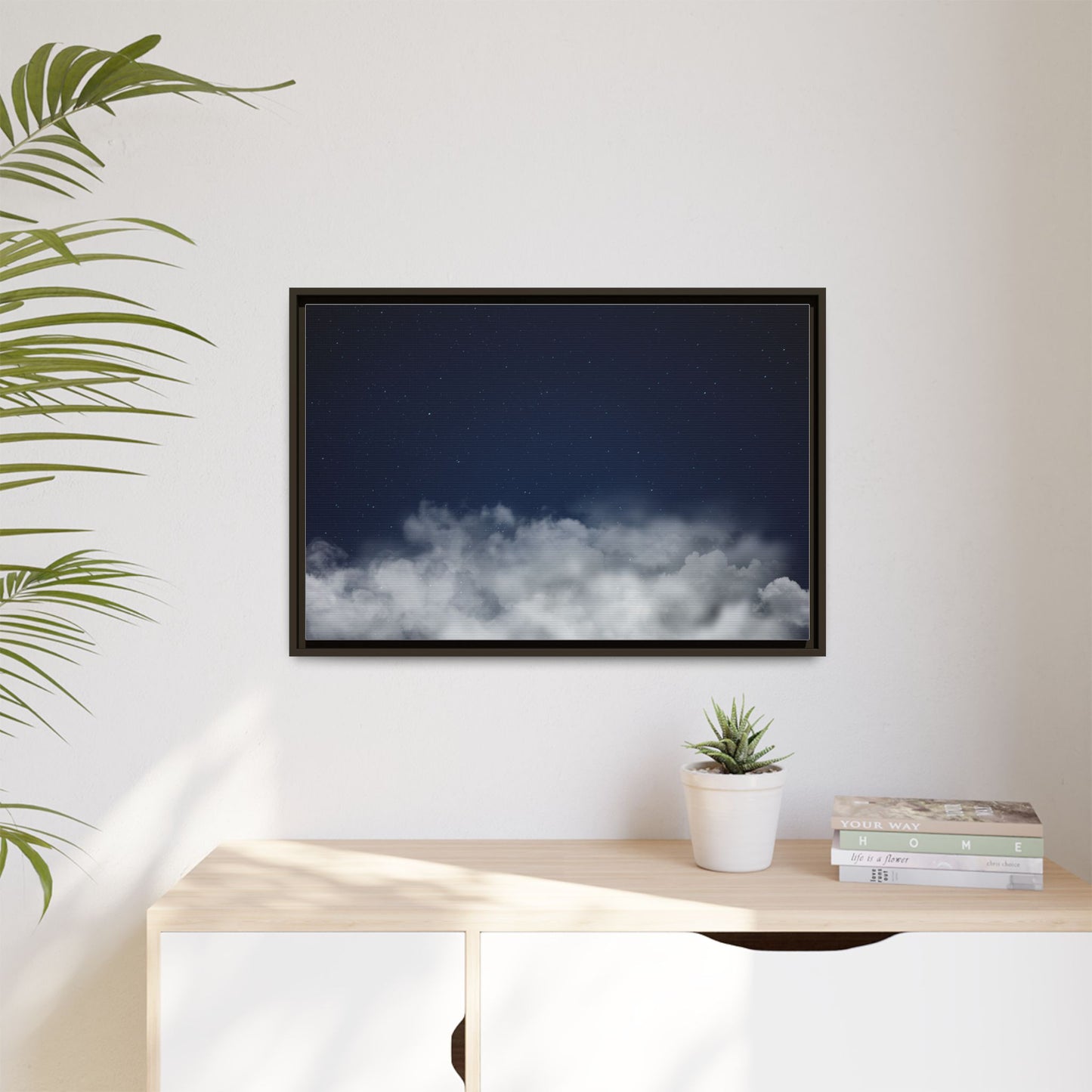 Night Sky Clouds matte canvas framed wall art featuring starry night sky and cloud imagery by Printify.