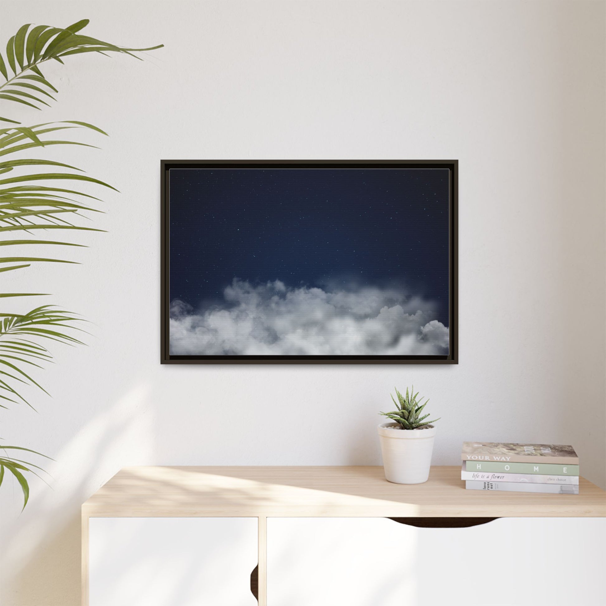 Night Sky Clouds matte canvas framed wall art featuring starry night sky and cloud imagery by Printify.