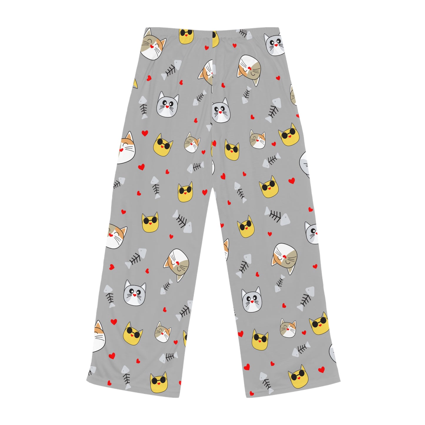 Cute grey women's pajama pants with a cat face pattern, all-over print, comfortable sleep lounge pants from Printify