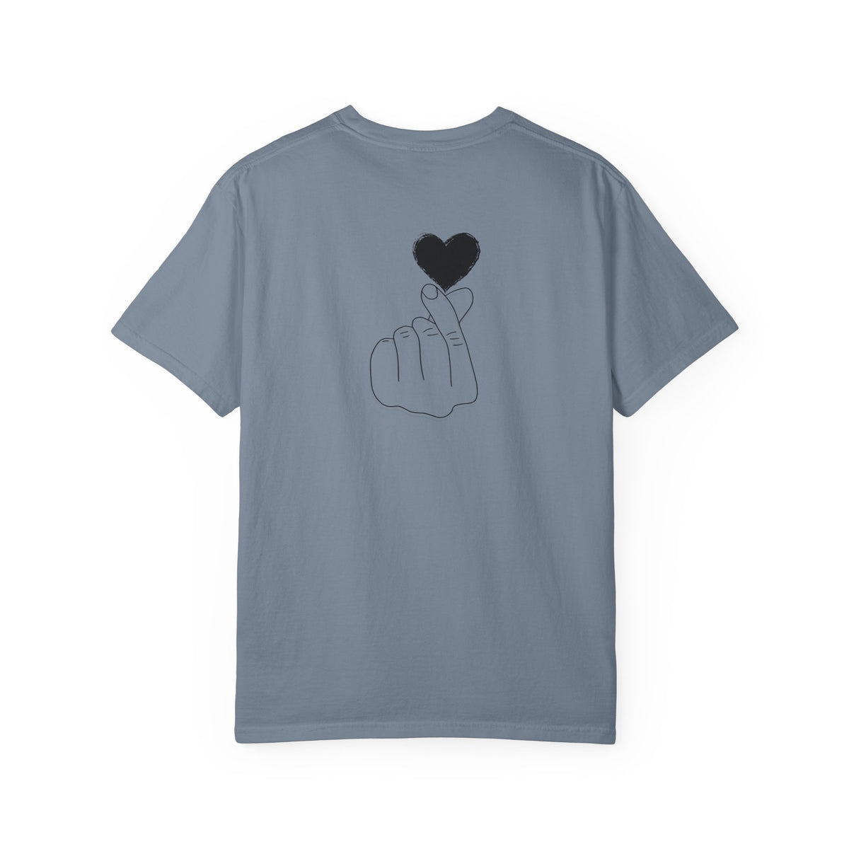 Black T-shirt with a minimal white finger heart graphic, casual style, by Printify.