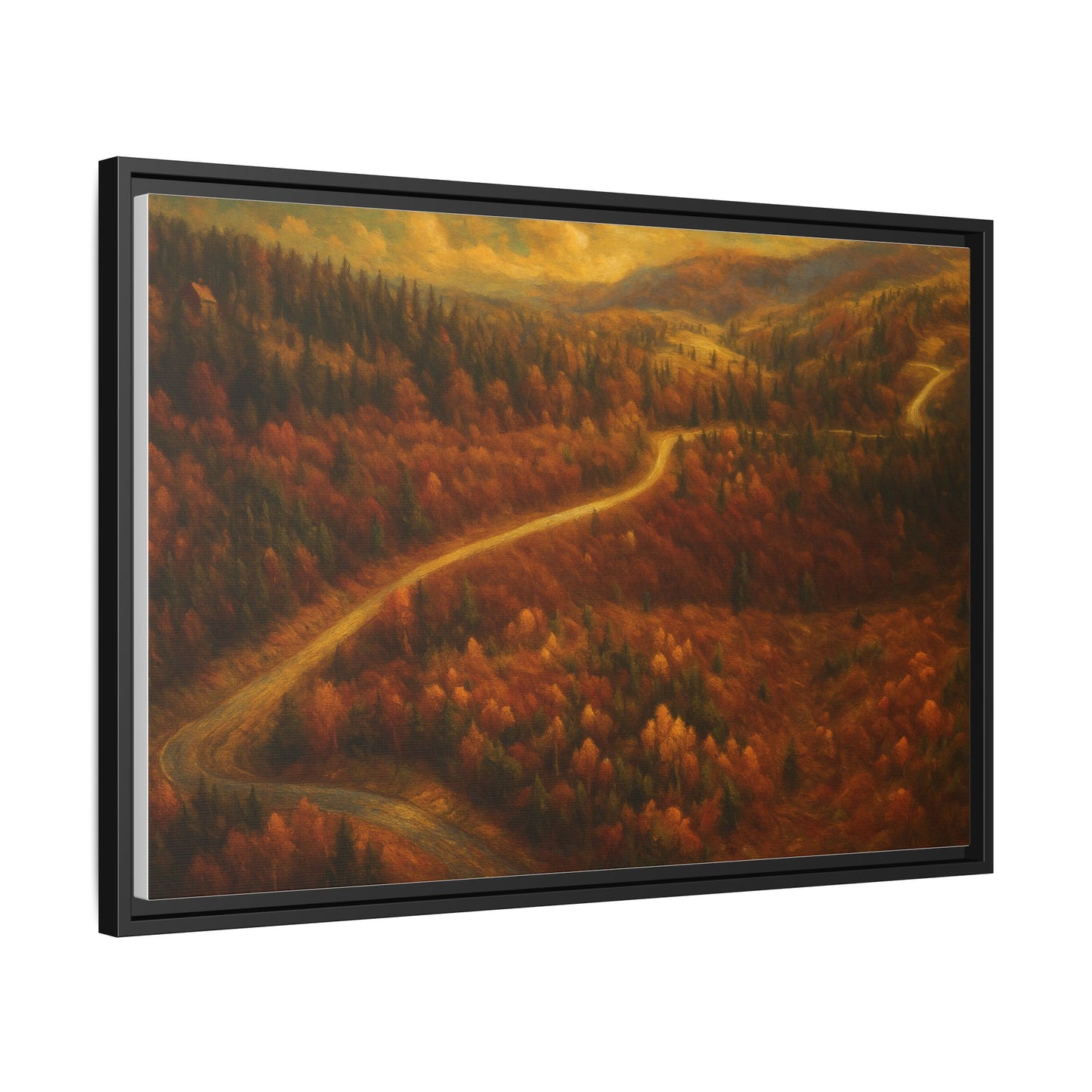 Framed matte canvas print of autumn forest road landscape wall art by Printify, showcasing vibrant fall trees and scenic pathway.