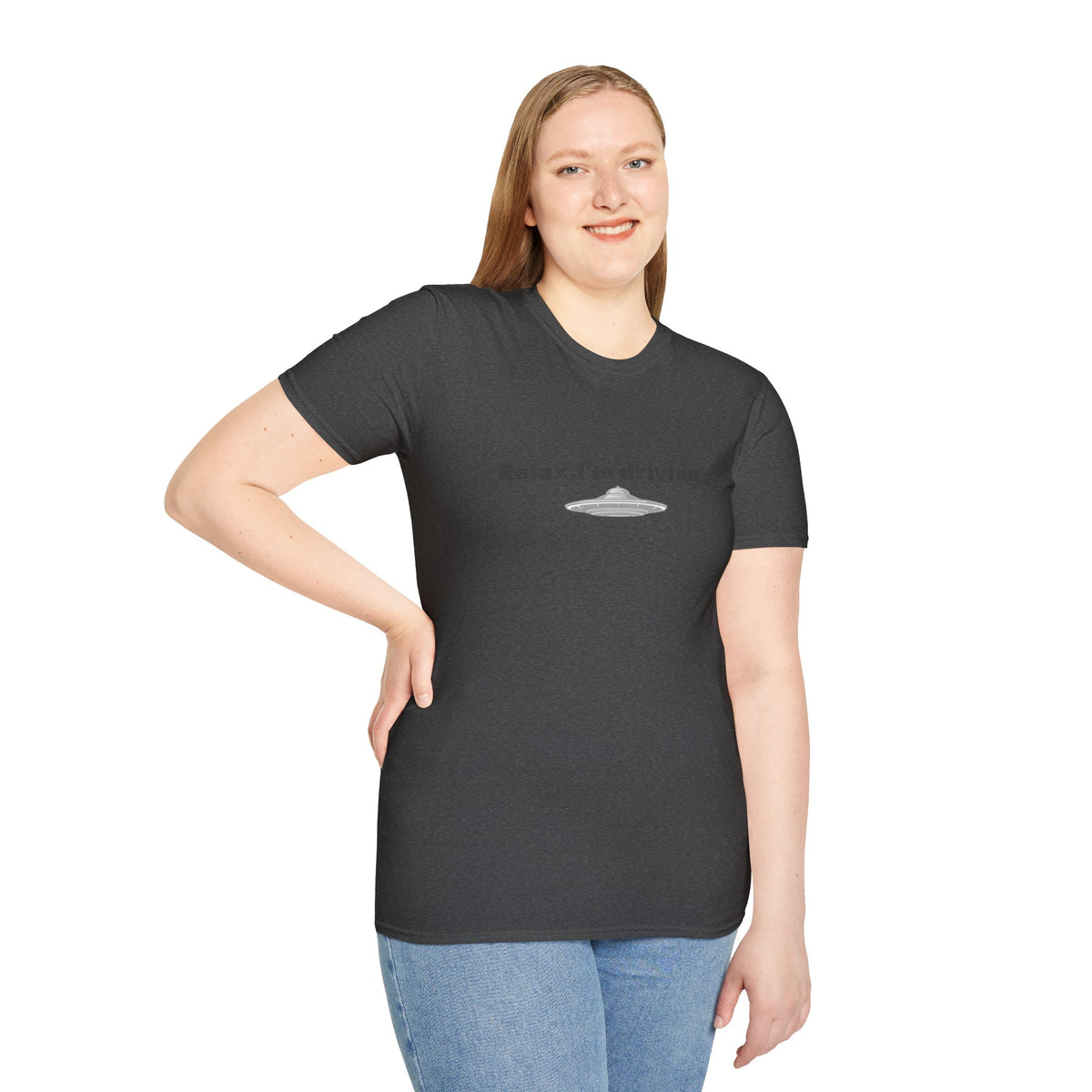 Black UFO T-shirt with humorous alien graphic print, featuring a sci-fi themed design on a casual unisex tee by Printify.