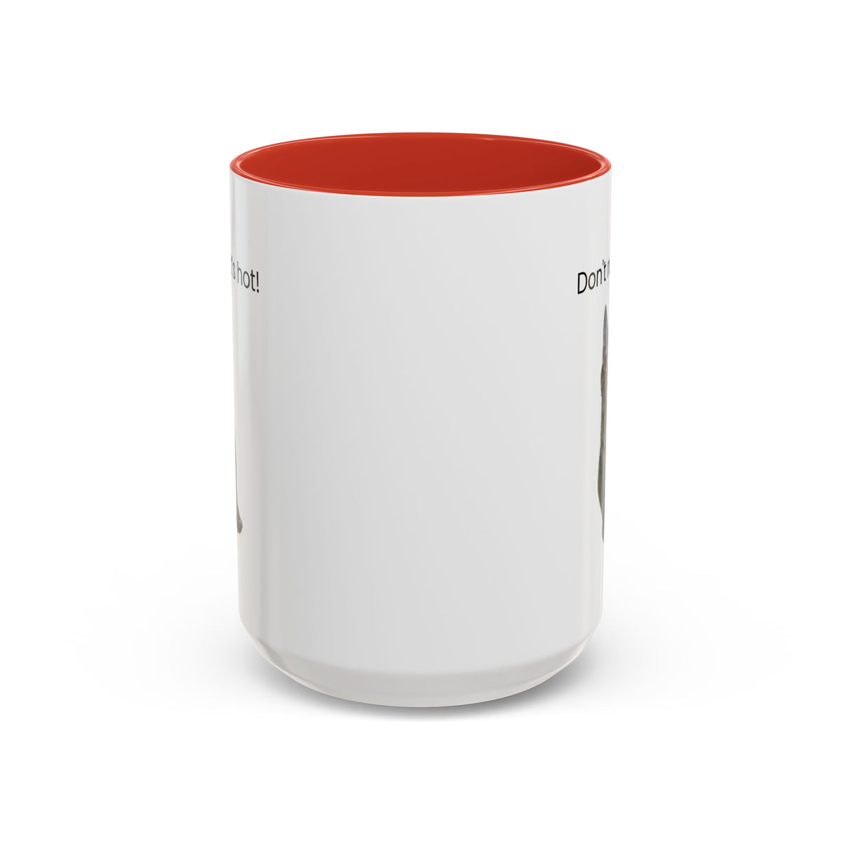 Ceramic cat coffee mug with "Don't rush, it's hot!" slogan, 11 oz, white with colorful cat illustration, Printify branding.