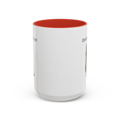 Ceramic cat coffee mug with "Don't rush, it's hot!" slogan, 11 oz, white with colorful cat illustration, Printify branding.