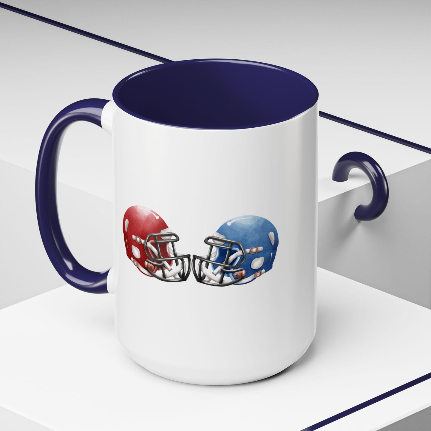 Football Helmet Coffee Mug — Red vs Blue Rivalry Accent Mug (11/15oz)