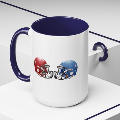 Football Helmet Coffee Mug — Red vs Blue Rivalry Accent Mug (11/15oz)