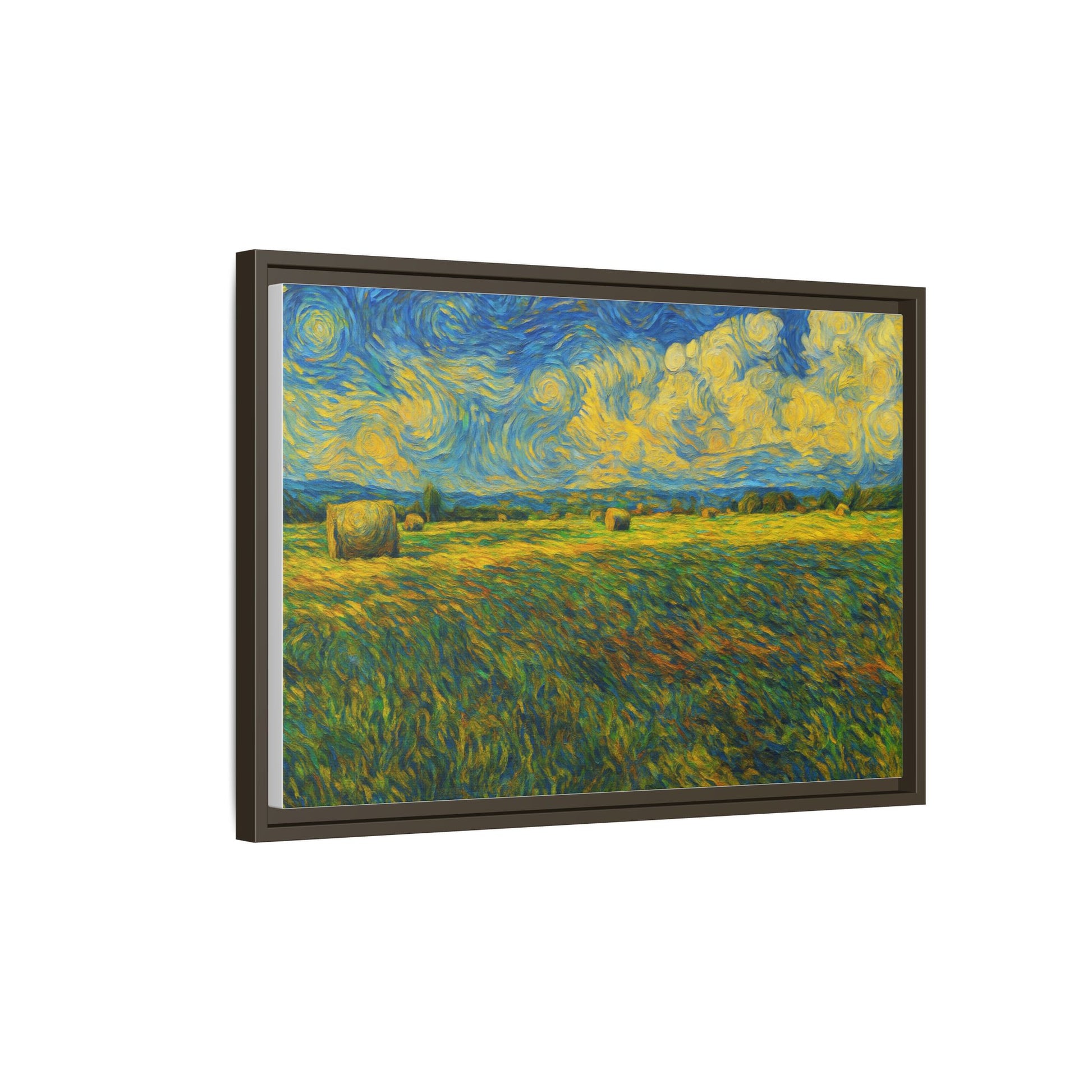 Colorful framed landscape matte canvas print by Printify, featuring vibrant multi-color scenery on textured canvas.