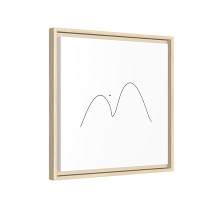 Framed matte canvas featuring minimalist mountain line art in black on white background, by Printify.