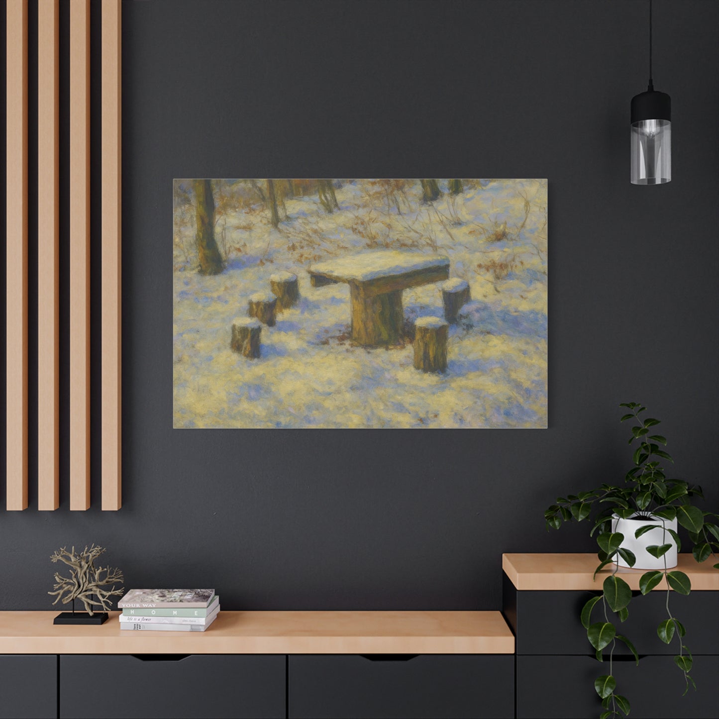 Snowy forest winter landscape canvas wall art, matte stretched print depicting a tranquil snowy woodland scene.